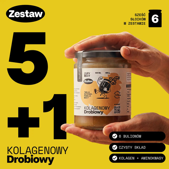 Zestaw 5+1 bulionu kolagenowego drobiowego Zupy Mocy - 6 zup kolagenowych w słoikach